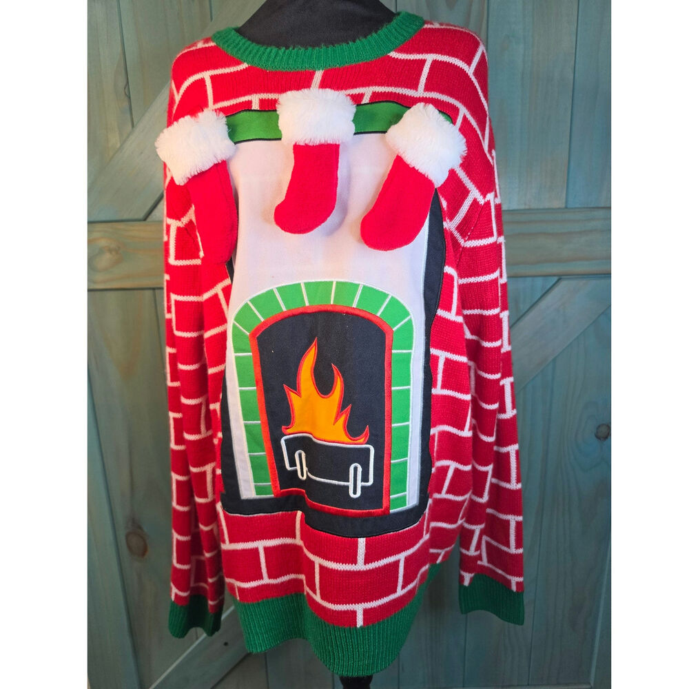 Red Brick Ugly Christmas Sweater Festive Fireplace Hanging Miniature Stockings